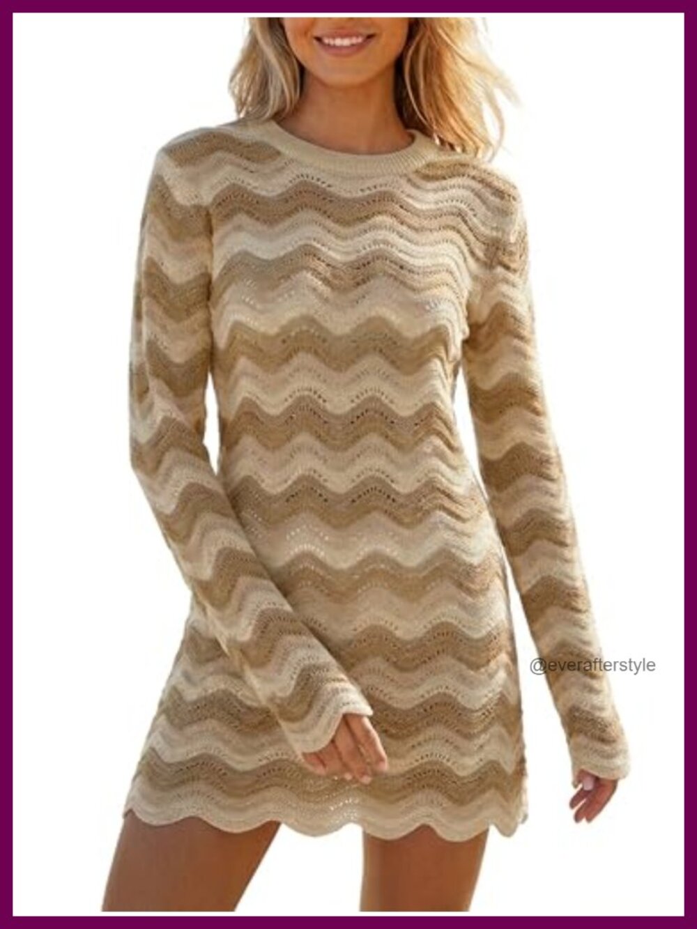 Crochet Knit Dress Long Sleeve Cover Up Mini Beachwear